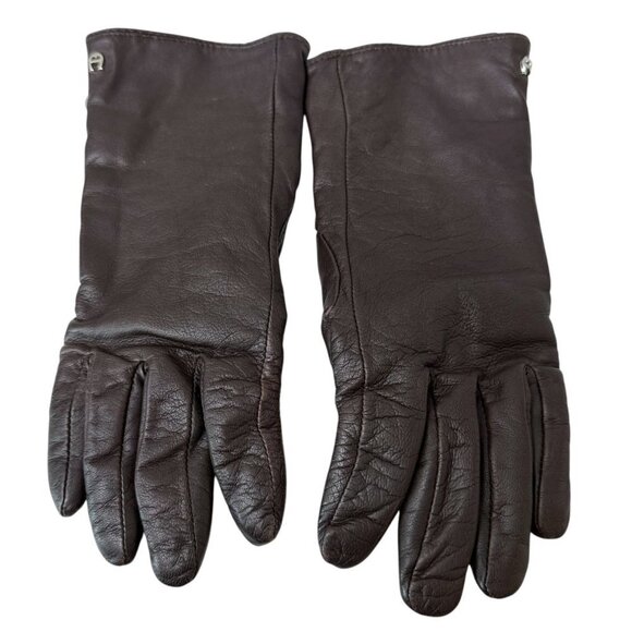 Vintage Etienne Aigner Leather Gloves Brown Medium Womens Lambswool Lined - Picture 2 of 12
